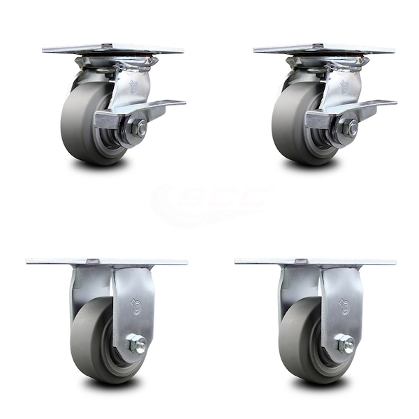 4 Inch Thermoplastic Caster Set with Ball Bearing 2 Brakes and 2 Rigid SCC